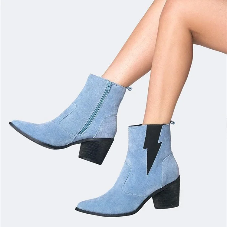 Blue Vegan Suede Black Lightning Block Heel Ankle Boots |FSJ Shoes