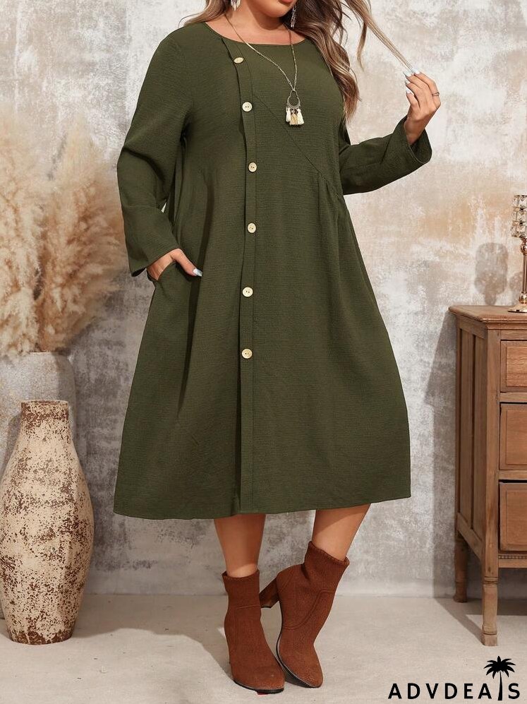 Plus Size Women's Spring & Summer Solid Color Round Neck Long Sleeve Single-Breasted Pocket Casual Loose Dress