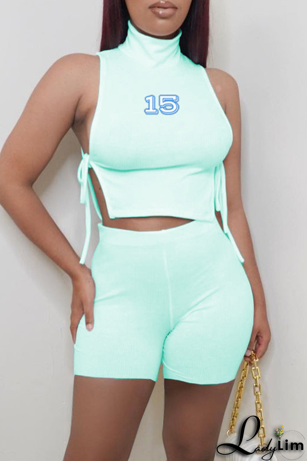 Yellow Fashion Print Draw String Half A Turtleneck Sleeveless Two Pieces