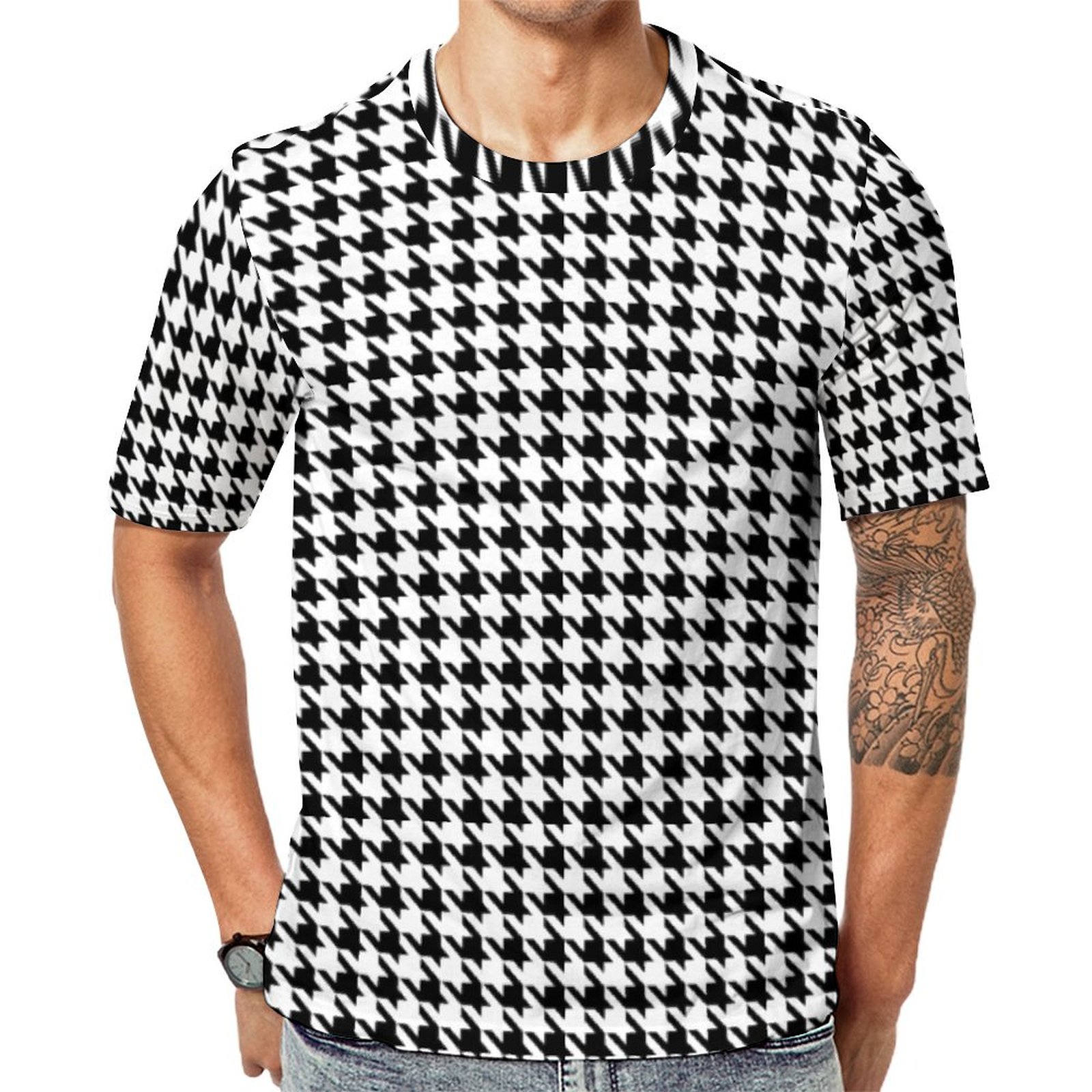 Black And Charcoal Gray Houndstooth Check Short Sleeve Print Unisex Tshirt Summer Casual Tees for Men and Women Coolcoshirts