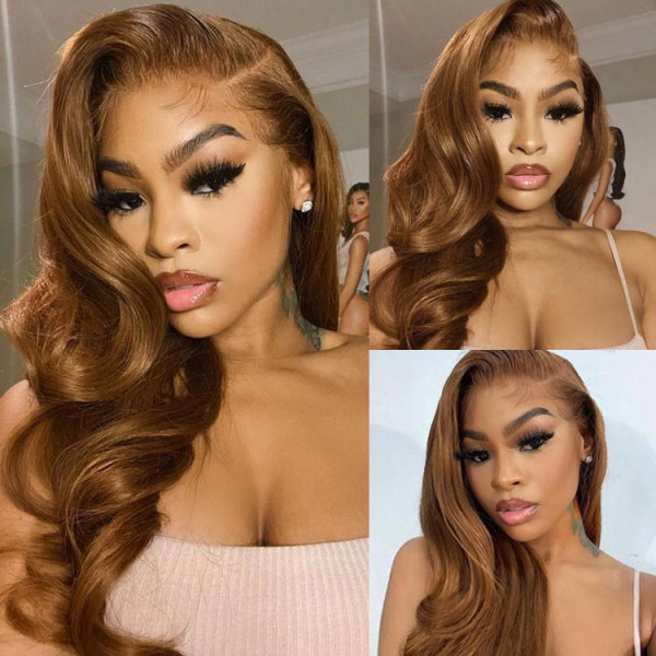 200% Density Wavy 13X4 Lace Frontal Wigs Light Brown Human Hair Wigs 