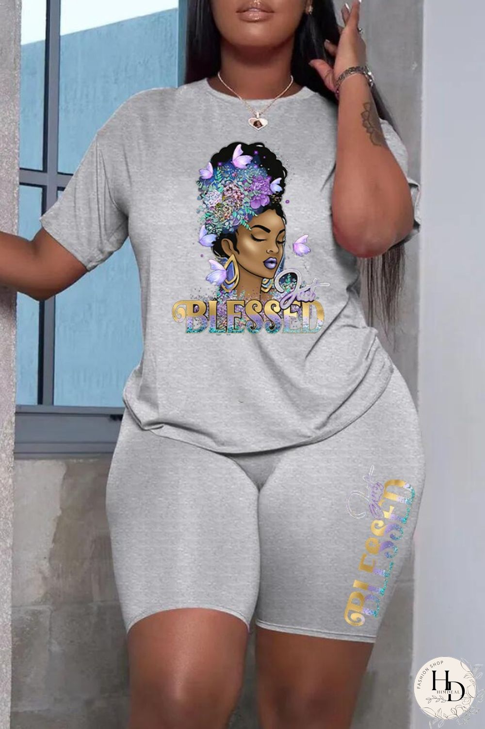 Grey Fashion Casual Print Patchwork O Neck Short Sleeve Plus Size Two Pieces