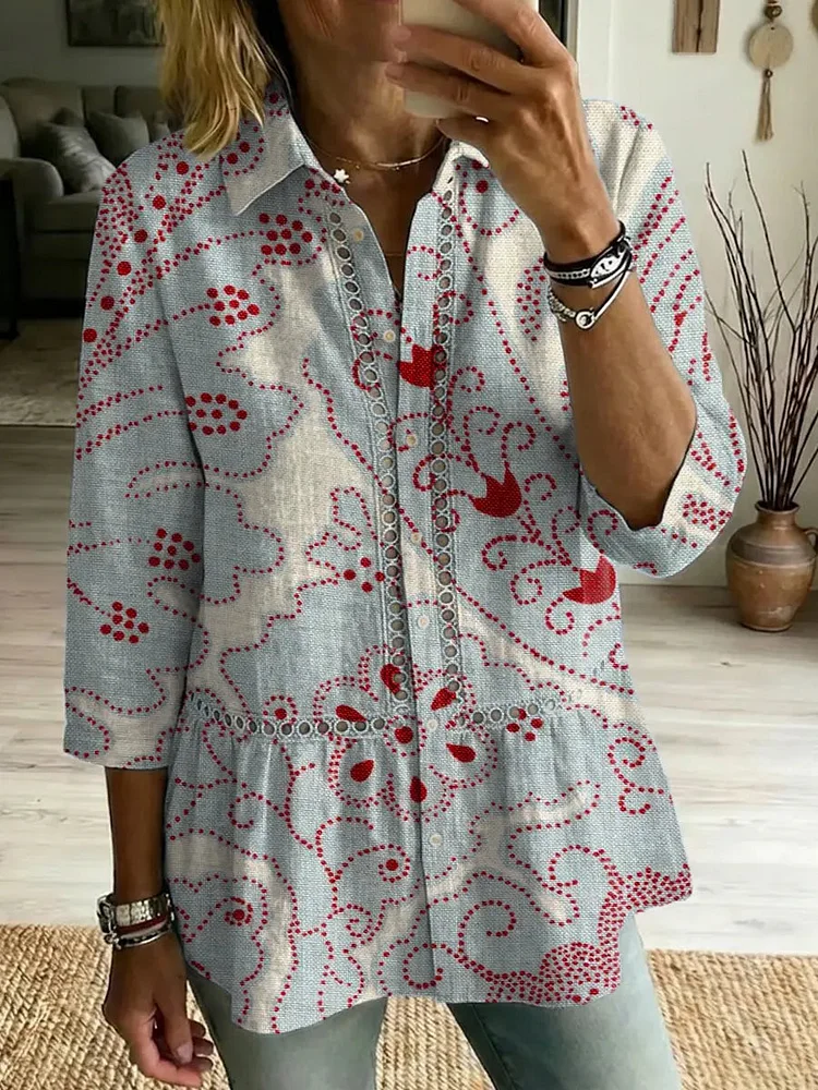 Women's Retro Floral Art Print Casual Lapel Cotton Shirt