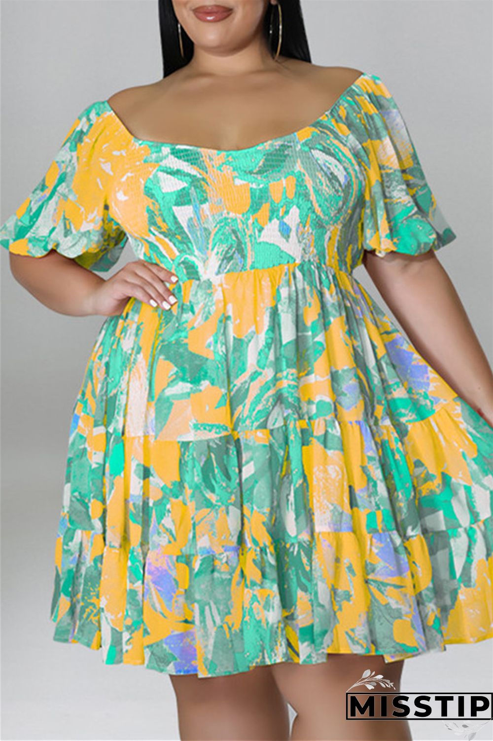 Blue Fashion Casual Plus Size Print Patchwork O Neck Short Sleeve Dress