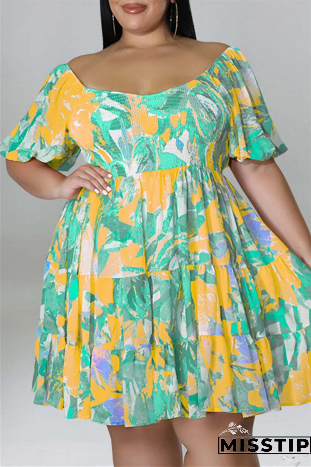 Blue Fashion Casual Plus Size Print Patchwork O Neck Short Sleeve Dress