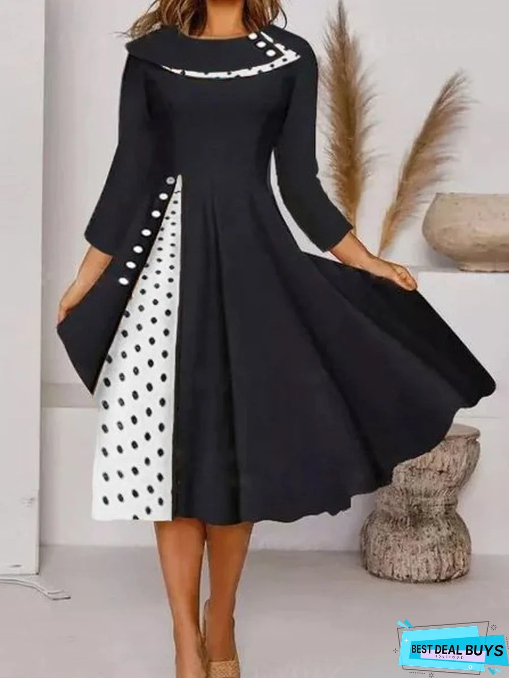 A-Line Casual 3/4 Sleeve Bateau/Boat Neck Knitting Dress