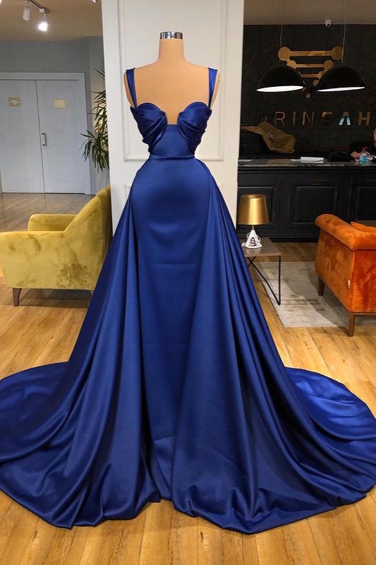 Oknass Overskirt Straps Long Prom Dress Royal Blue