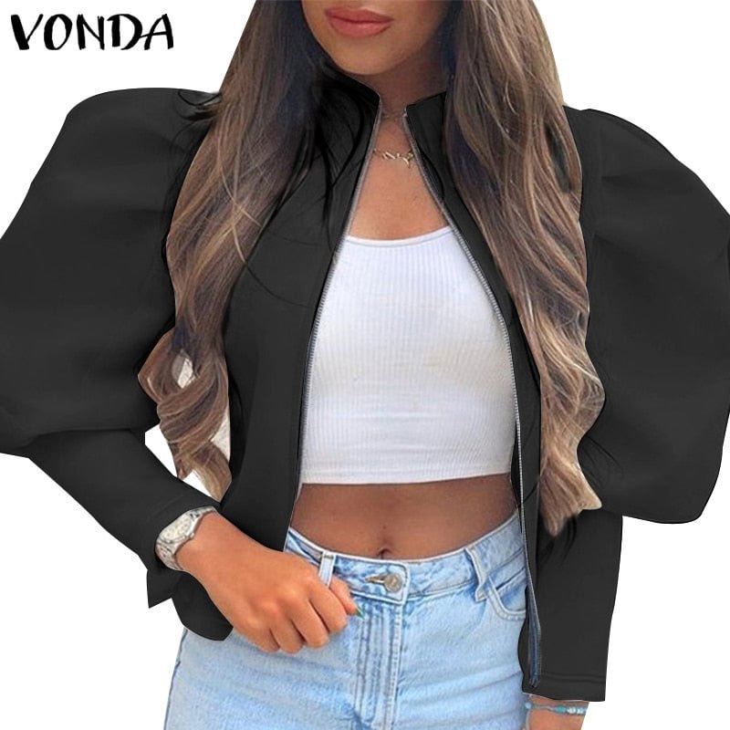 Women Winter Jackets 2022 VONDA Vintage Long Sleeve Zip-up Stand Collar Coats Spring Autumn Short Jackets Outerwear Veste Femme