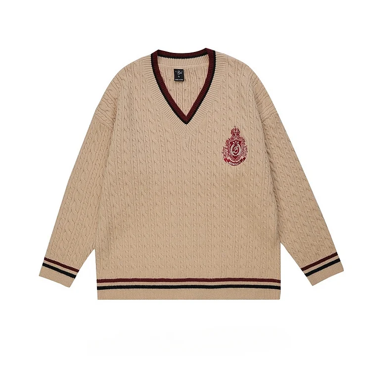 Demandernyc Men's Retro College Style Embroidery V-neck Sweaters Autumn Winter Trendy Brand Versatile Loose Casual Couple Pullover Knitwear