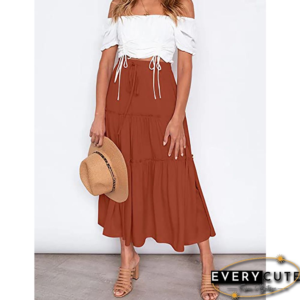 Orange High Waist A-line Drawstring Maxi Skirt