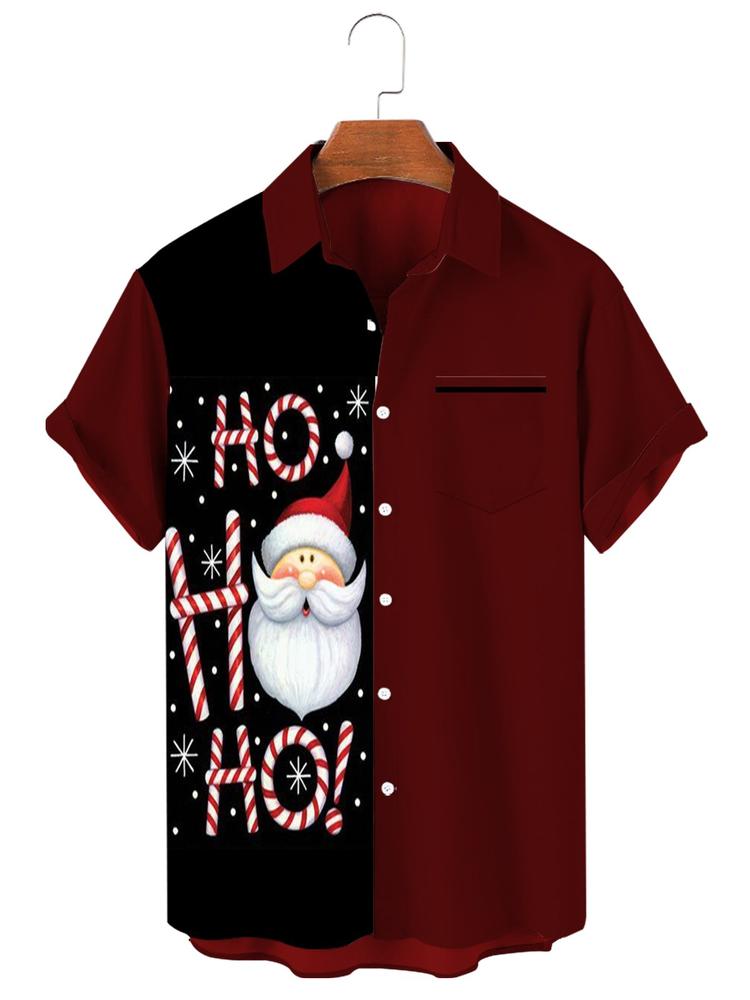 Men Holiday Contrast Color Christmas Father Print Pocket Front Shirt PLUSCLOTHESMAN