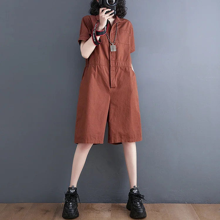Simple Solid Color Short-Sleeved Five-Point Jumpsuit
