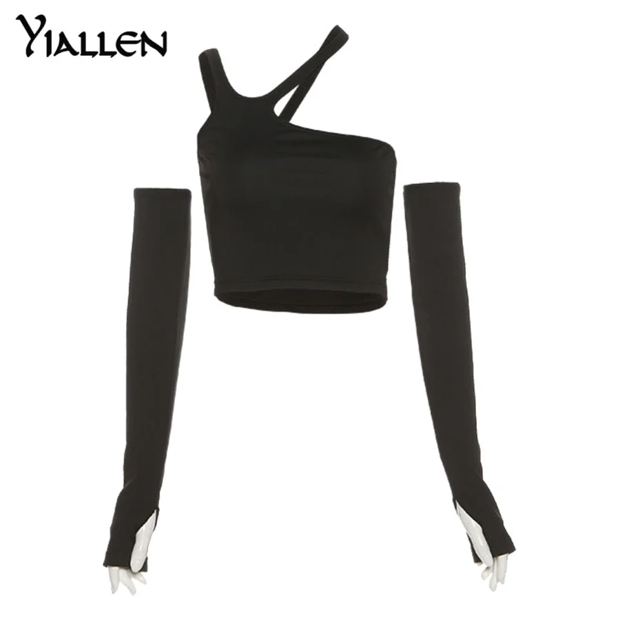 Yiallen Autumn Fashion Casual Slim Solid Removable Sleeves Halter T Shirt For Women New Streetwear Wild Basic Female Top Hot