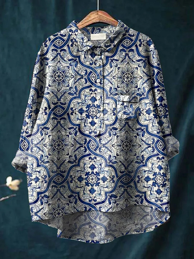 Womens Watercolor Blue and White Porcelain Print Casual Cotton And Linen Shirt