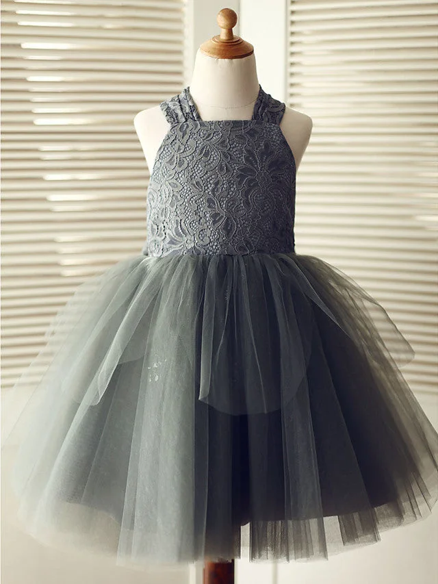 Daisda Ball Gown Sleeveless Square Neck Flower Girl Dresses Lace Tulle  With Bows