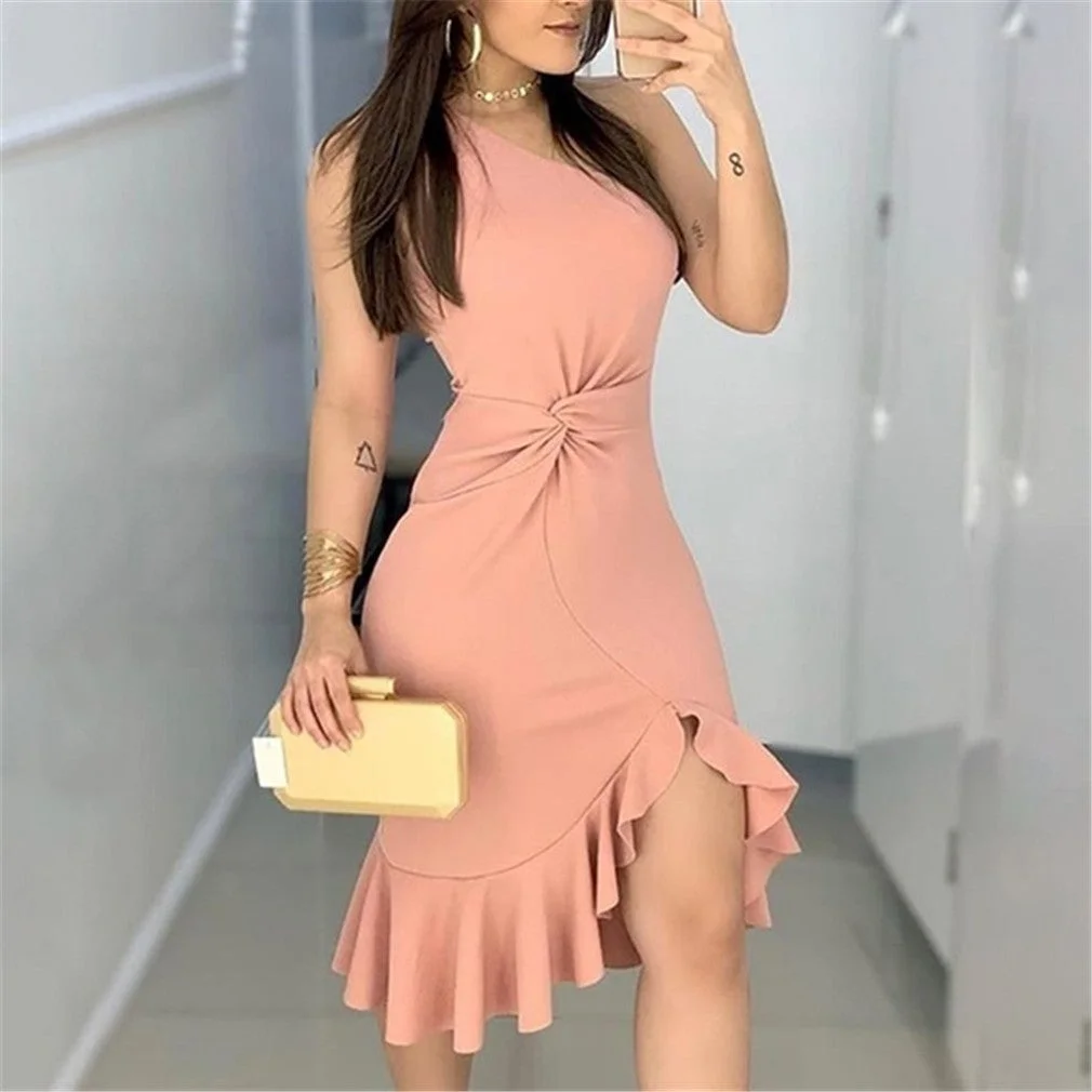 One Shoulder Twisted Slit Ruffles Party Dress