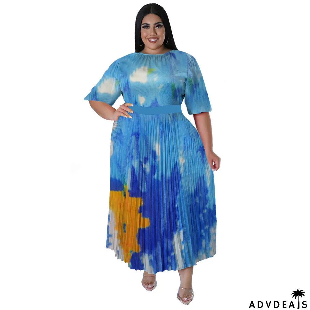 Plus Size Women's Digital Positioning Print Pleated Round Neck Long Casual Dress