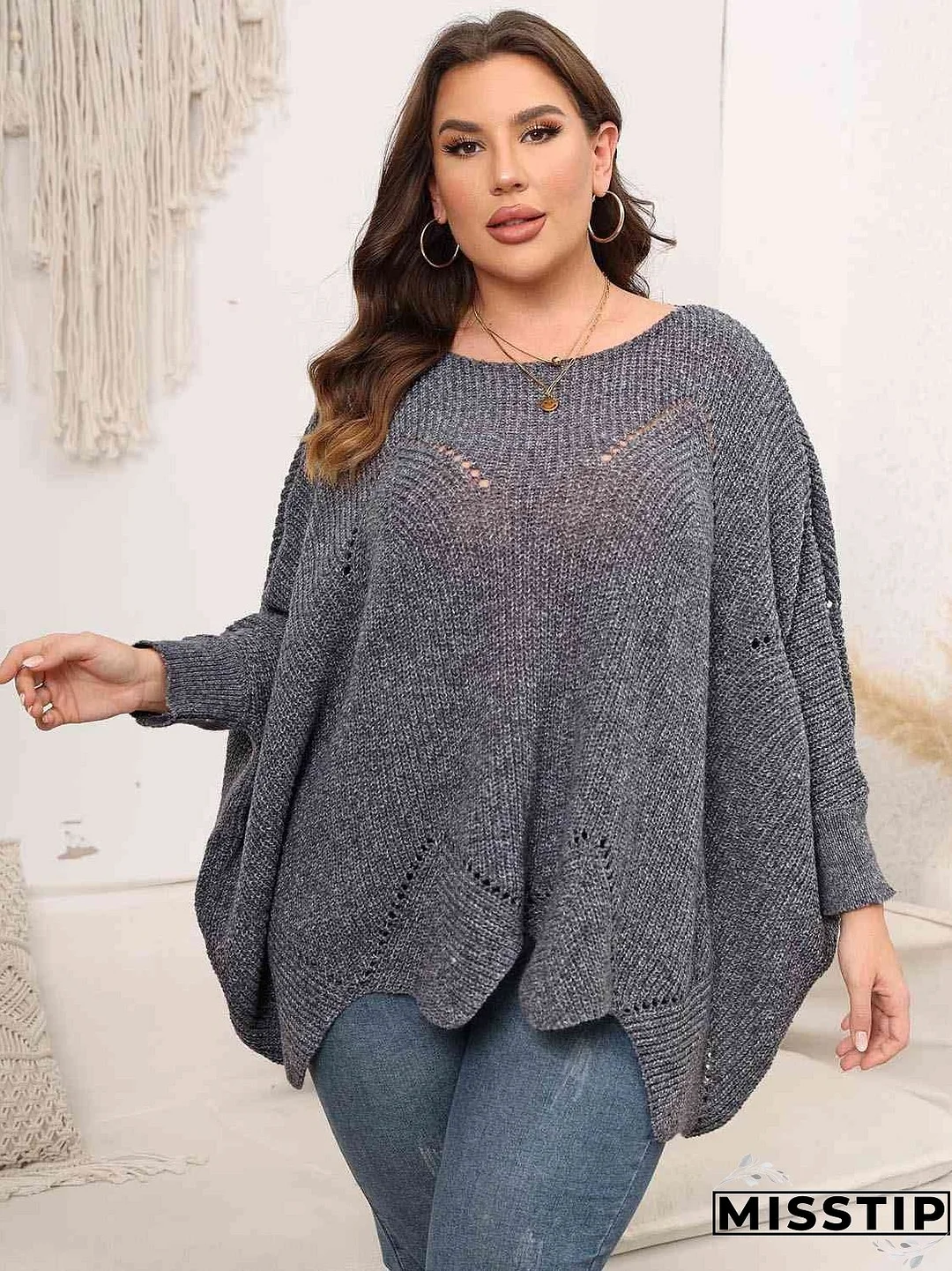 Plus Size Round Neck Batwing Sleeve Sweater