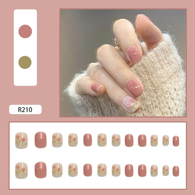 24pcs Fake Nails With Glue Tulip Printed Nude Color Type Removable Short Paragraph Fashion Manicure False Nails Patch DL-Nail Inspo