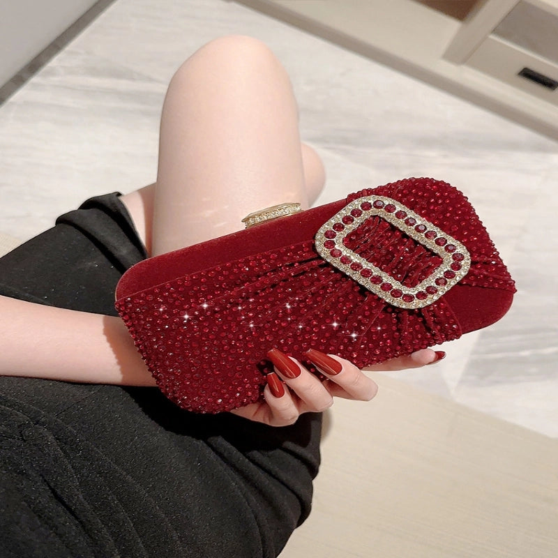 New Red Square Buckle Banquet Bag Evening Bag Velvet Dinner Clutch Bag Chain Bag High-grade Box Bag For Women