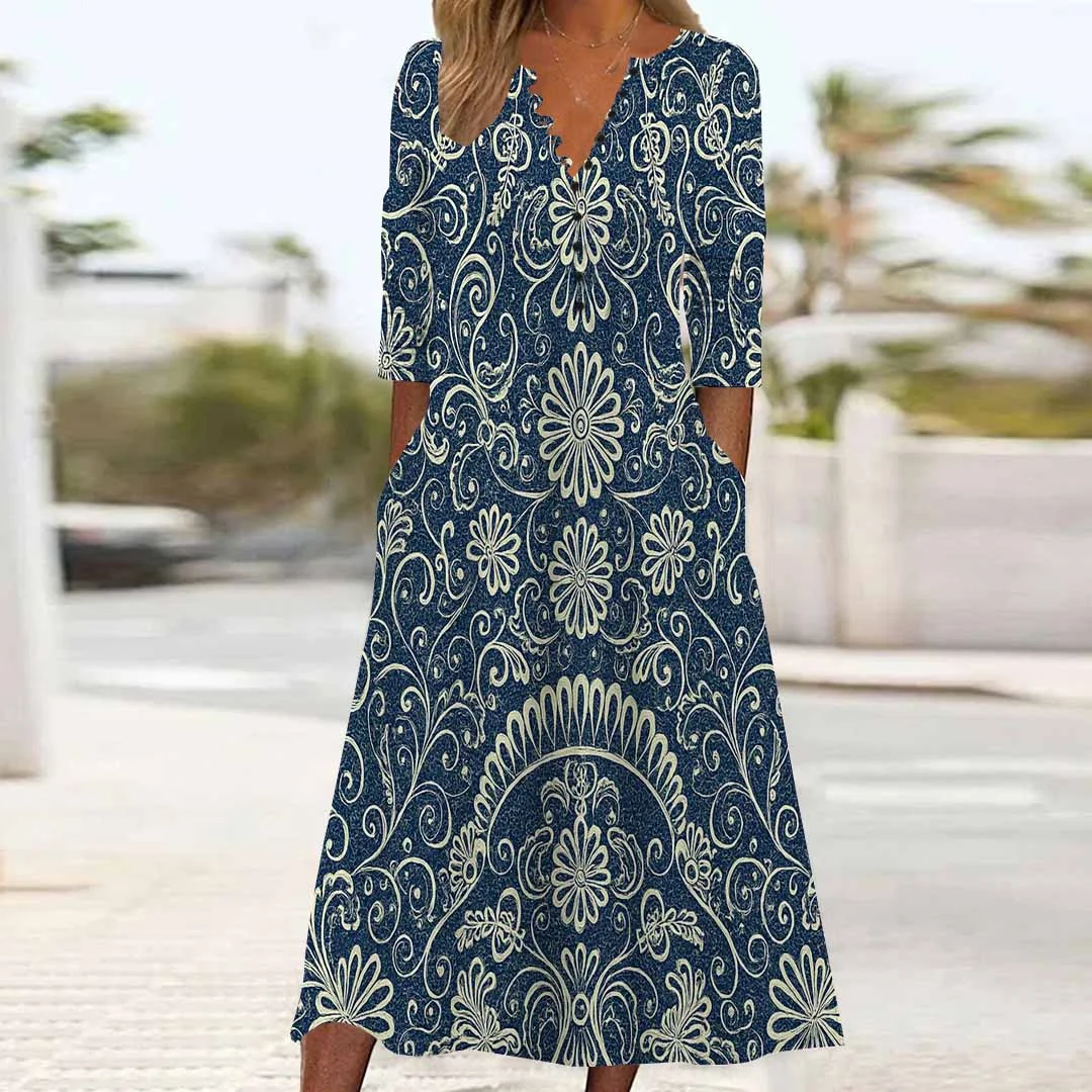 Women Graphic,Blue DZHB8178 Long Sleeve V-Neck Graphic Printed Midi Dress
