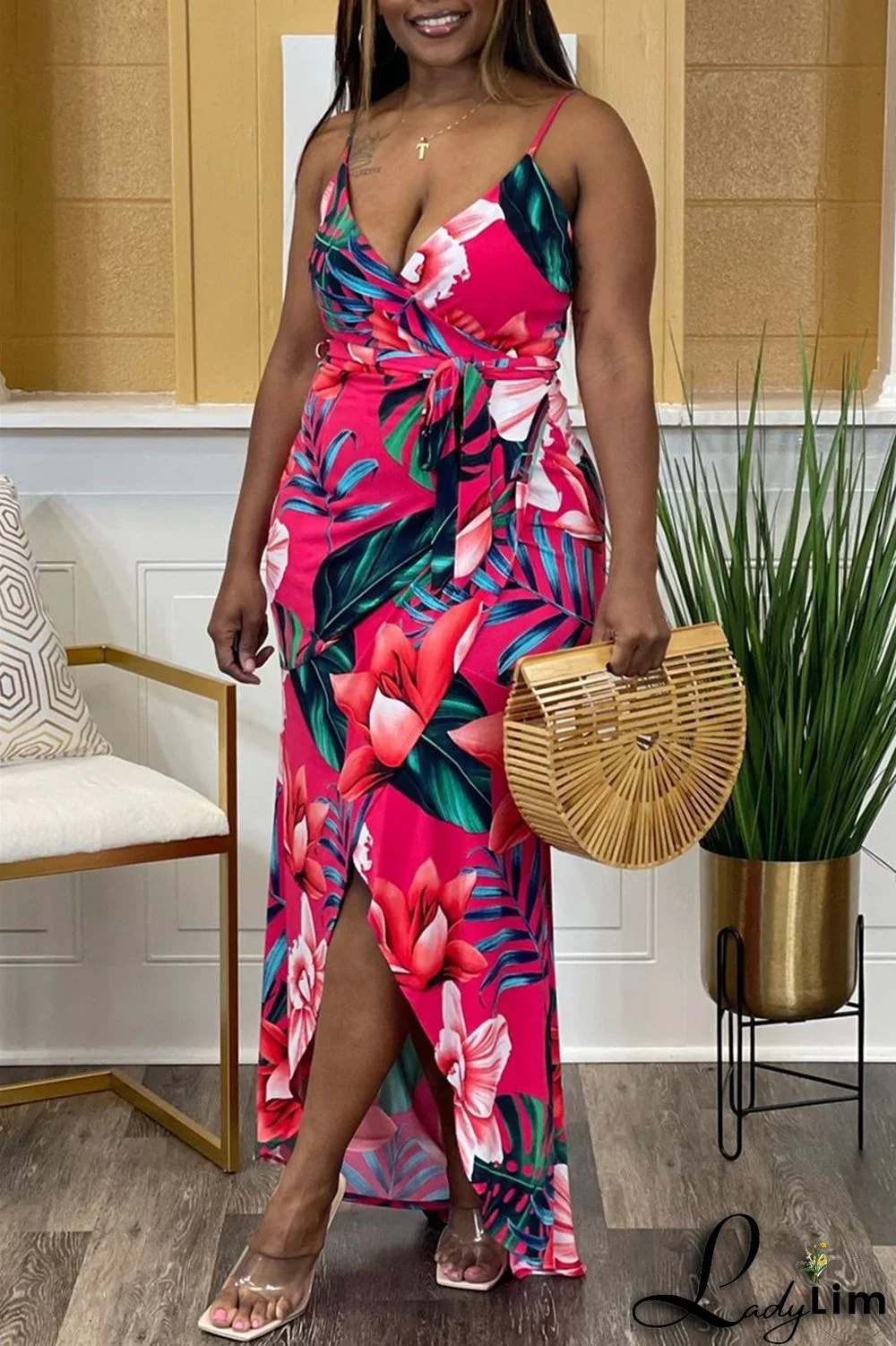 Green Sexy Casual Print Bandage Backless V Neck Sling Dress