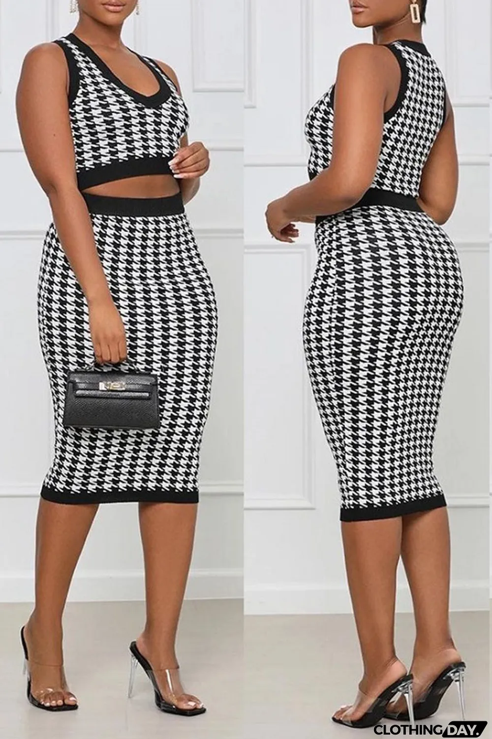 Black Casual Print Patchwork V Neck Sleeveless Two Pieces