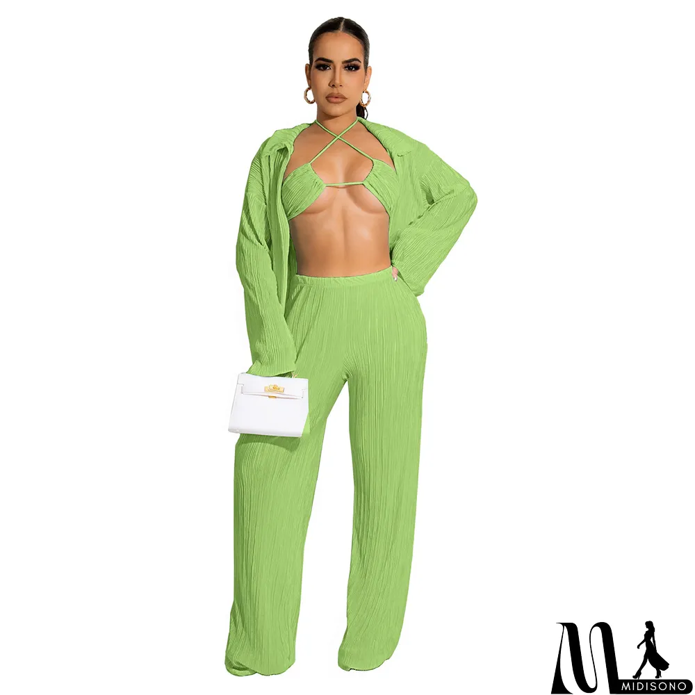 MidiSono - Fall Solid Color Wide Leg Pants Three-Piece Set