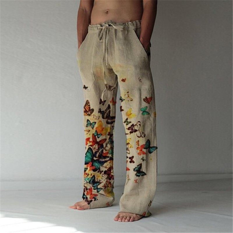 Mens Butterfly Print cotton linen Casual Pants