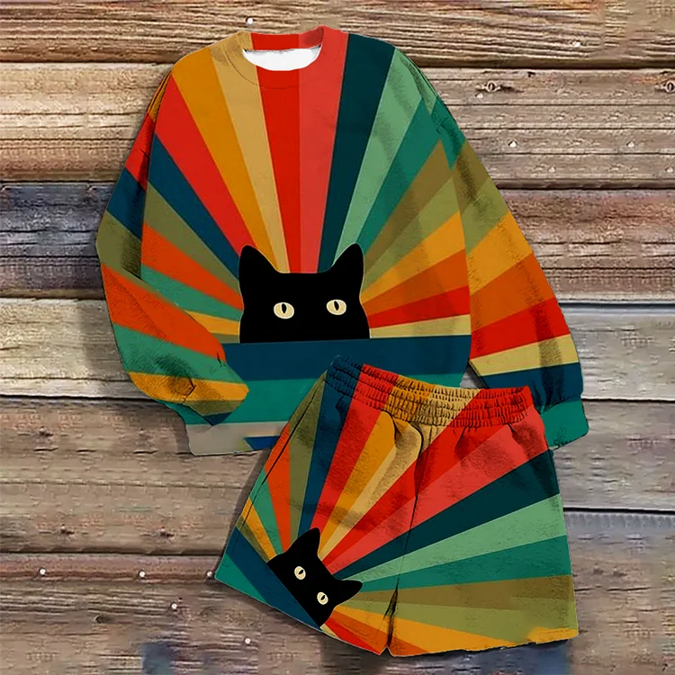 Cute Cat Print Casual Sweater Set socialshop
