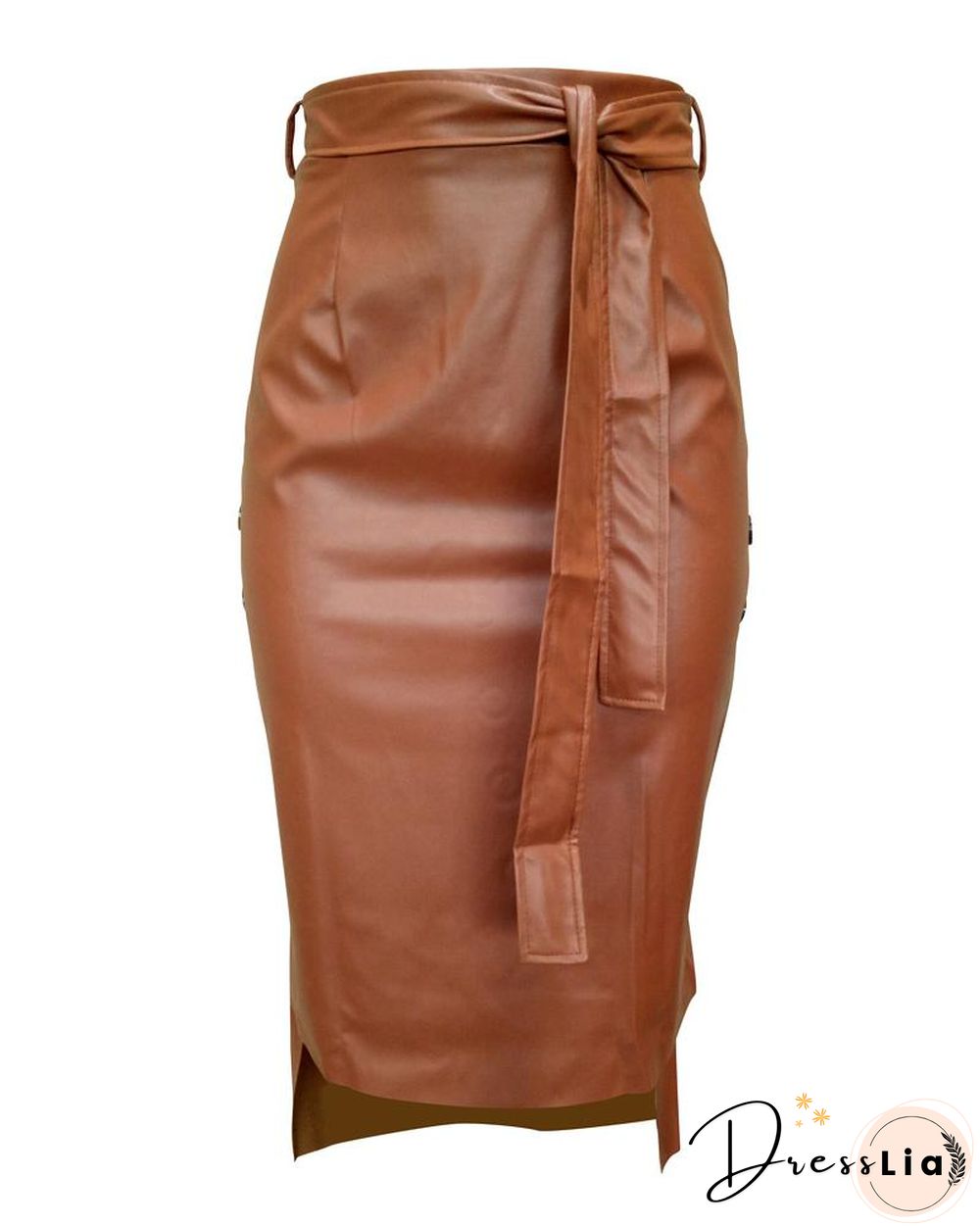 Buttoned Slit PU Leather Midi Skirt P10427
