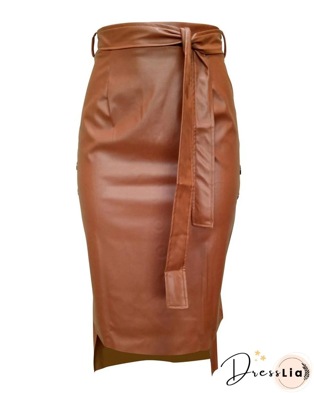 Buttoned Slit PU Leather Midi Skirt P10427