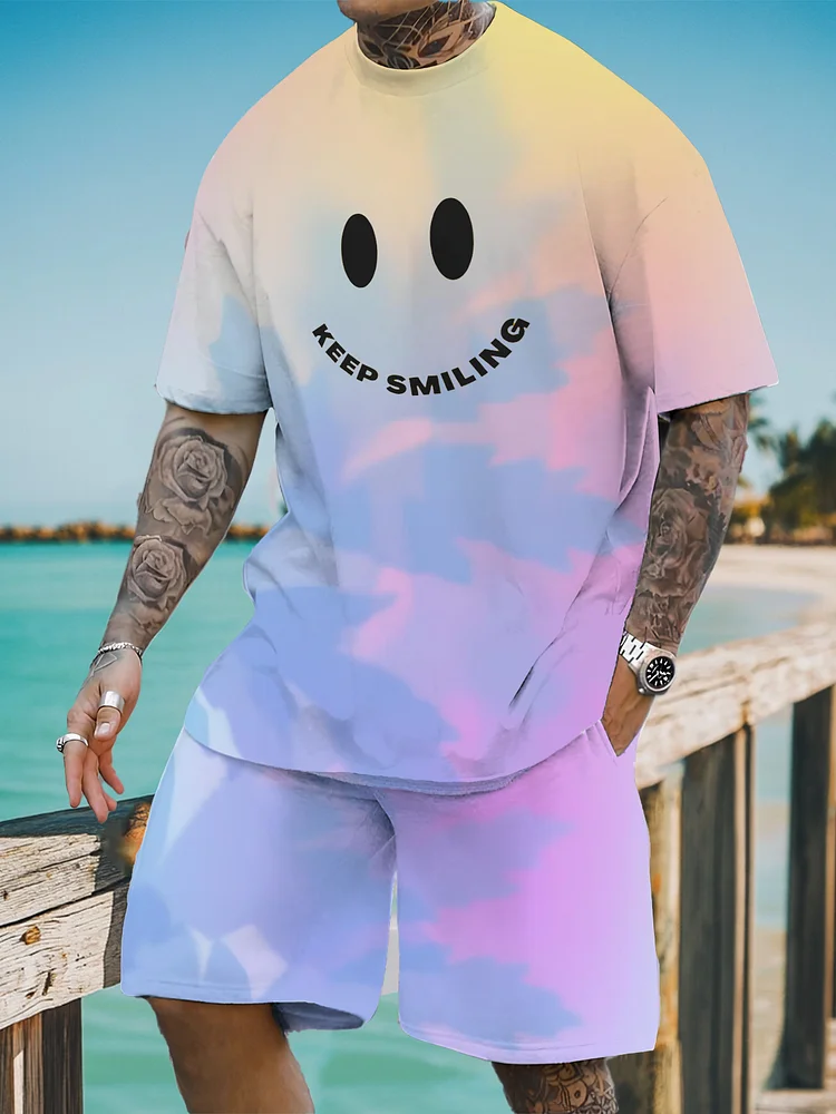 Men's Gradient Keep Smiling Print Vacation T-Shirt Shorts Matching Set