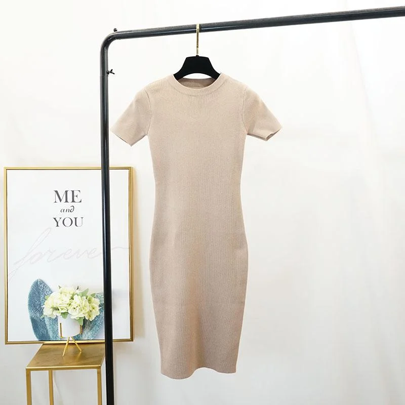 FTLZZ New Women Stretch Knitted Midi Dress Summer Spring Lady Casual O-neck Slim Knitting Bodycon Dresses Vintage Vestidos