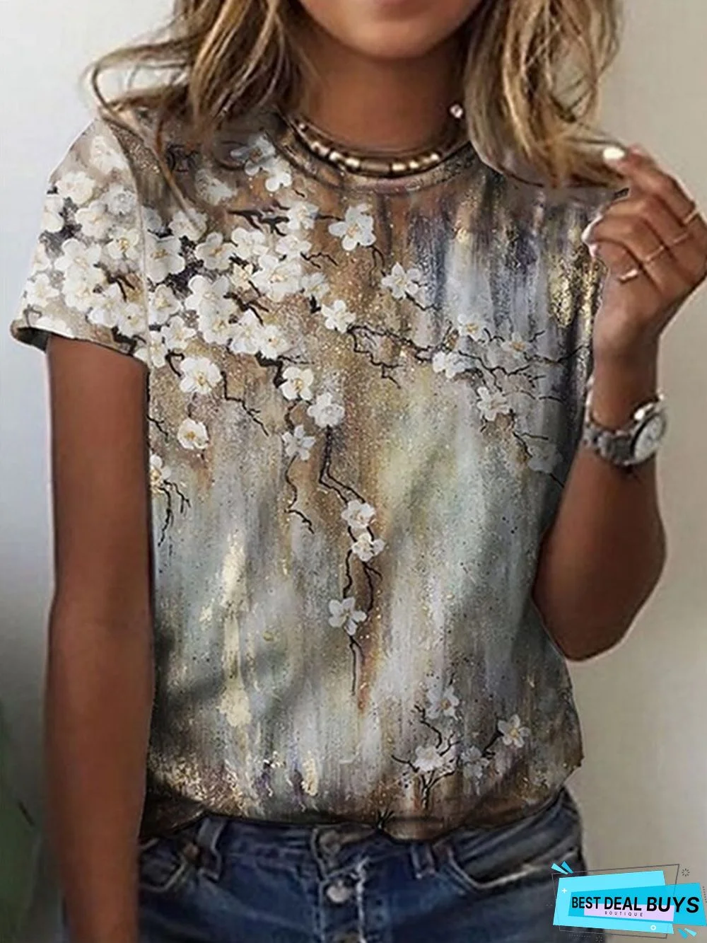 Casual Crew Neck Floral Short Sleeve T-Shirt