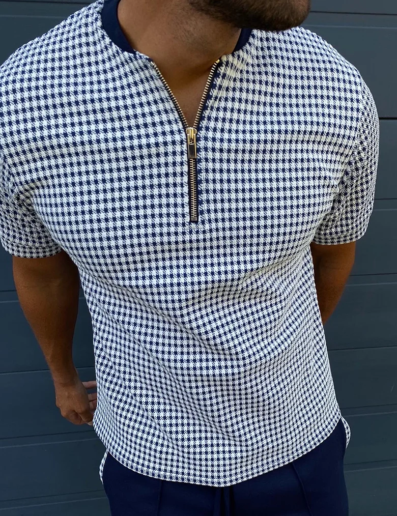 Houndstooth collarless short sleeve polo shirt / [viawink] /