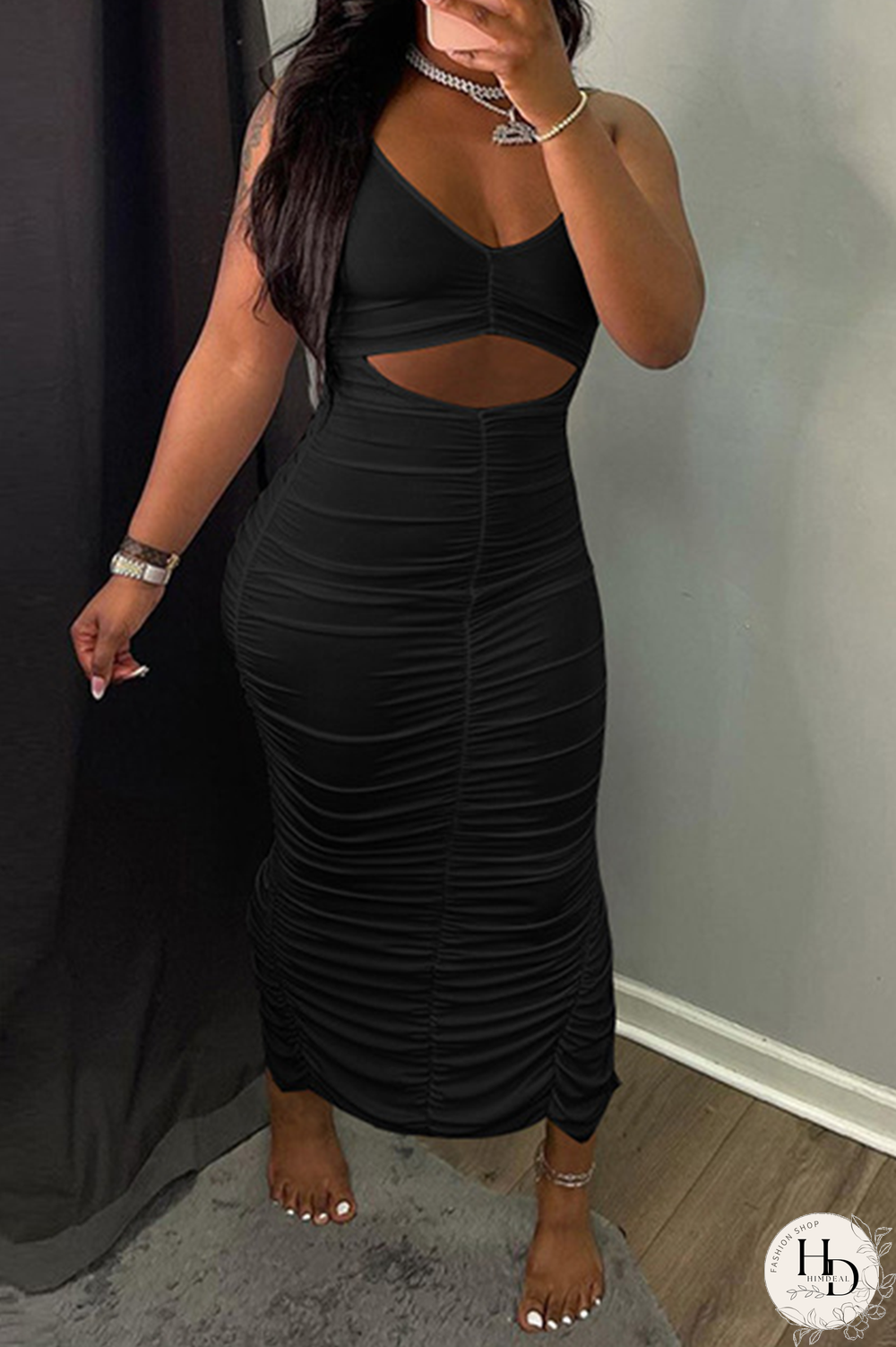 Black Sexy Solid Hollowed Out V Neck Pencil Skirt Dresses