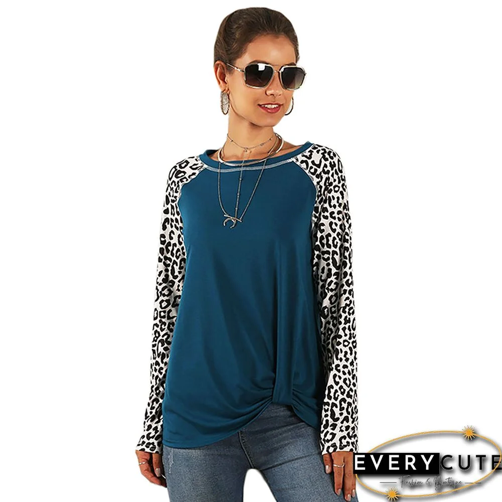 Blue Color Block Leopard Sleeve Twist Front Tops