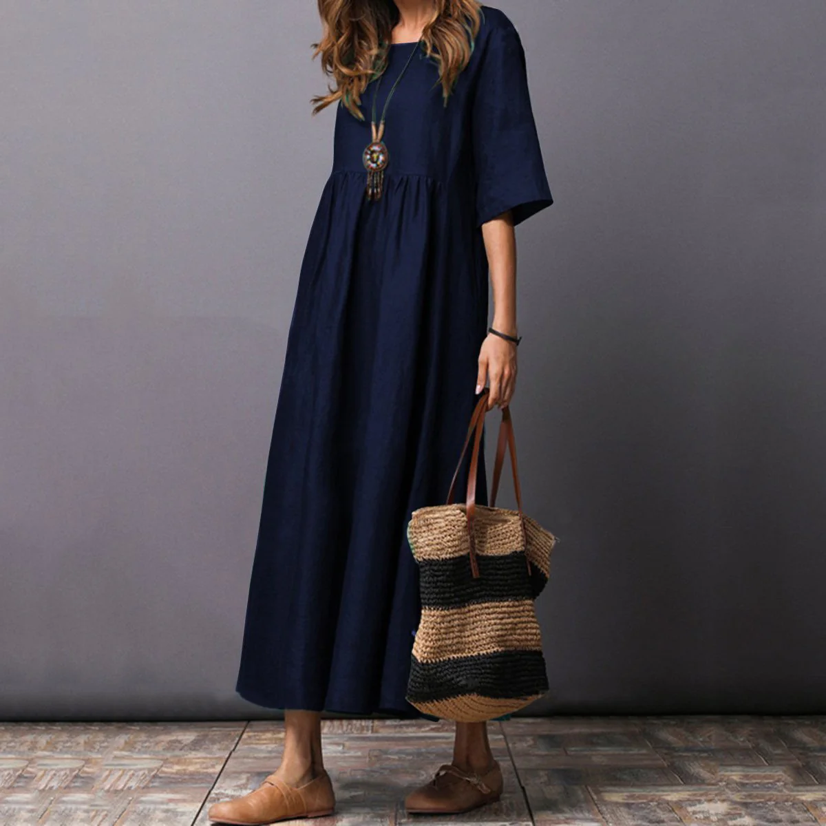 Round Neck Plain Cotton/Linen Maxi Dress