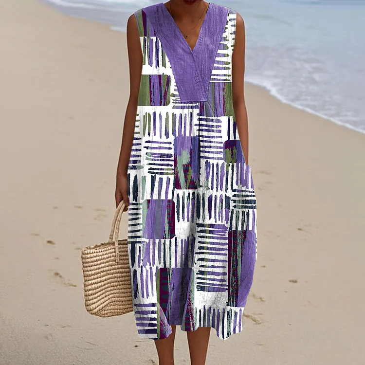 Women's Vintage Colorblock Striped Art Print Sleeveless Cotton Pocket Wrap V Neck Dress