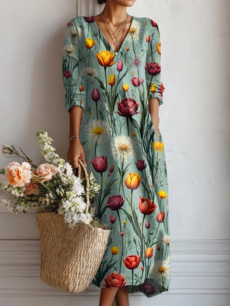 Women's Vintage Floral Art Print Casual Cotton Linen Pocket Dress