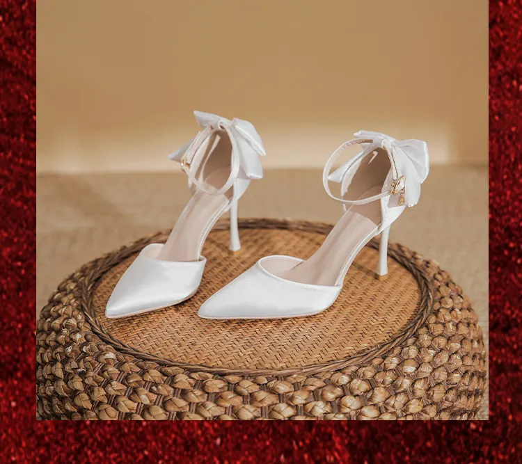 Breakj Breakj Head Button Single Shoes Wedding Shoes Female White Silk And Satin Bridal Shoes With Wedding Tips And Bridesmaid High Heels