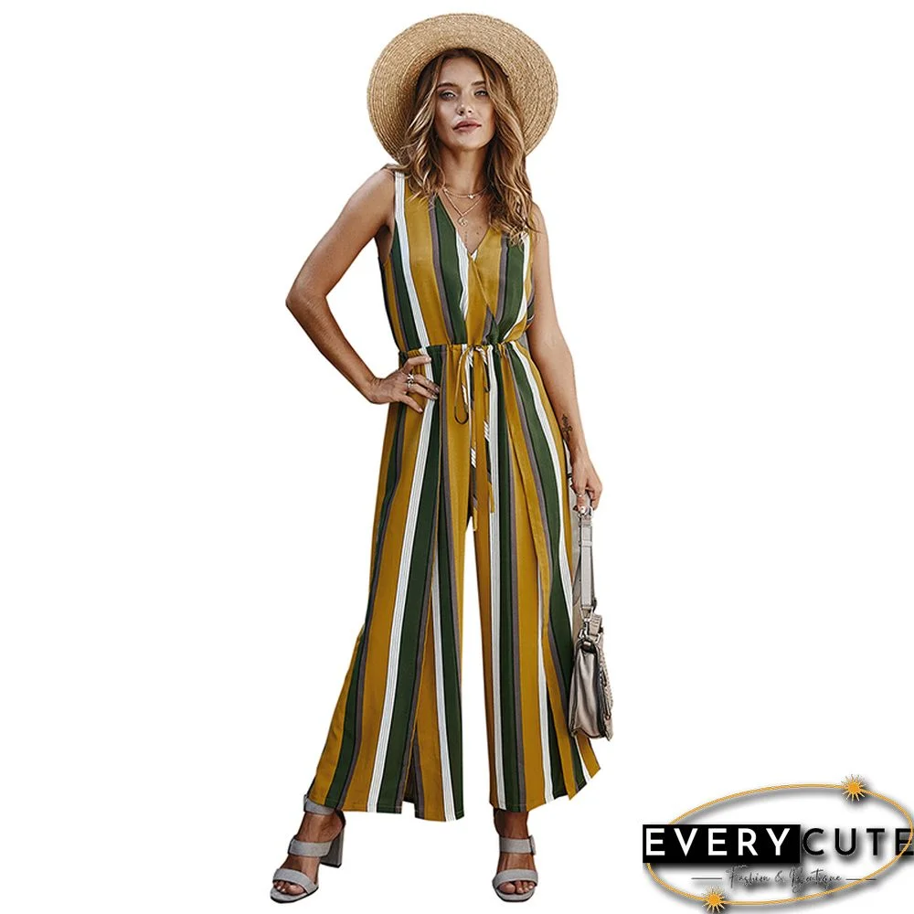 Yellow Stripe Wide Leg Split Casual Jumpsuit