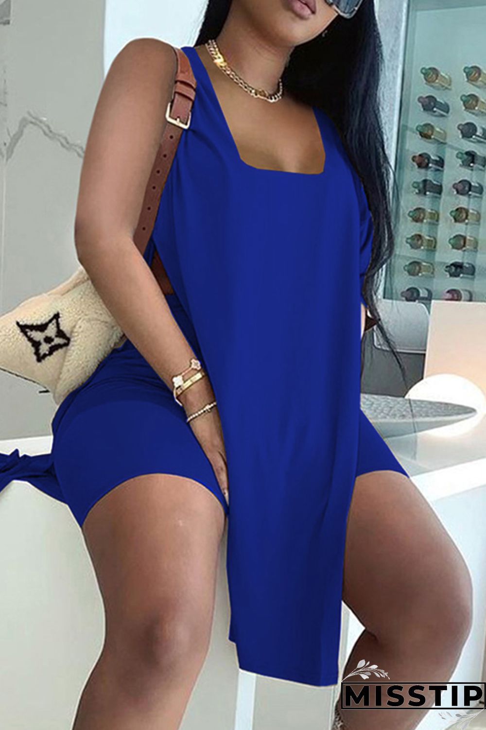 Black Fashion Casual Solid Slit U Neck Sleeveless Two Pieces