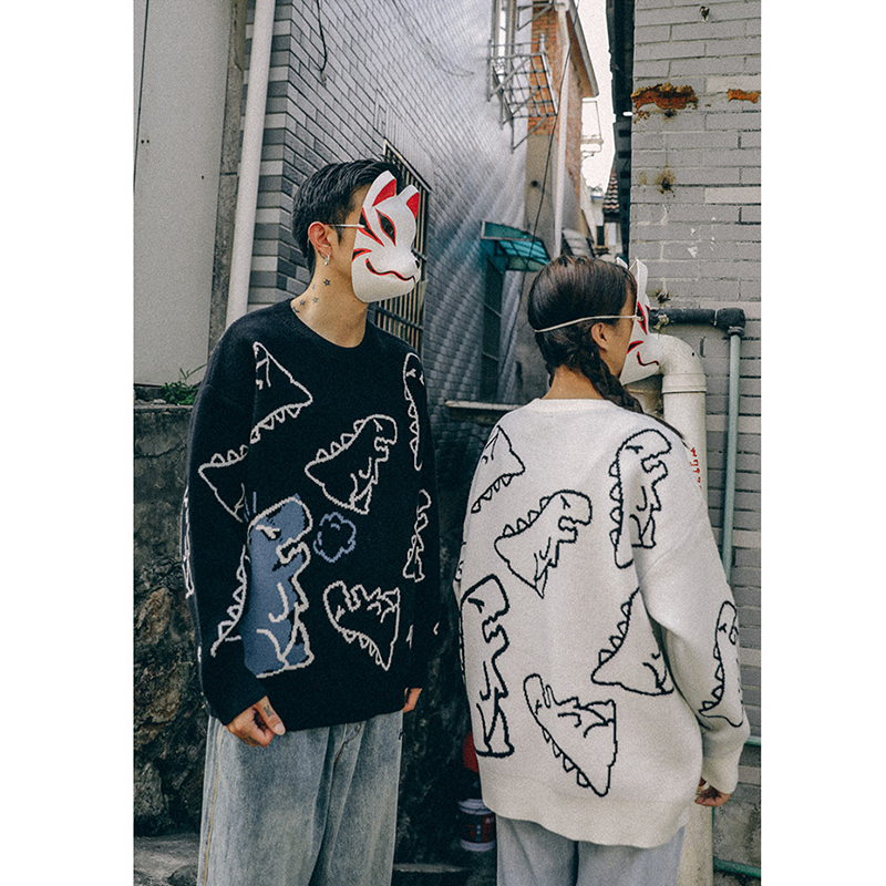 Dino Cartoon Dinosaur Pattern Print Women Pullover Hoodie