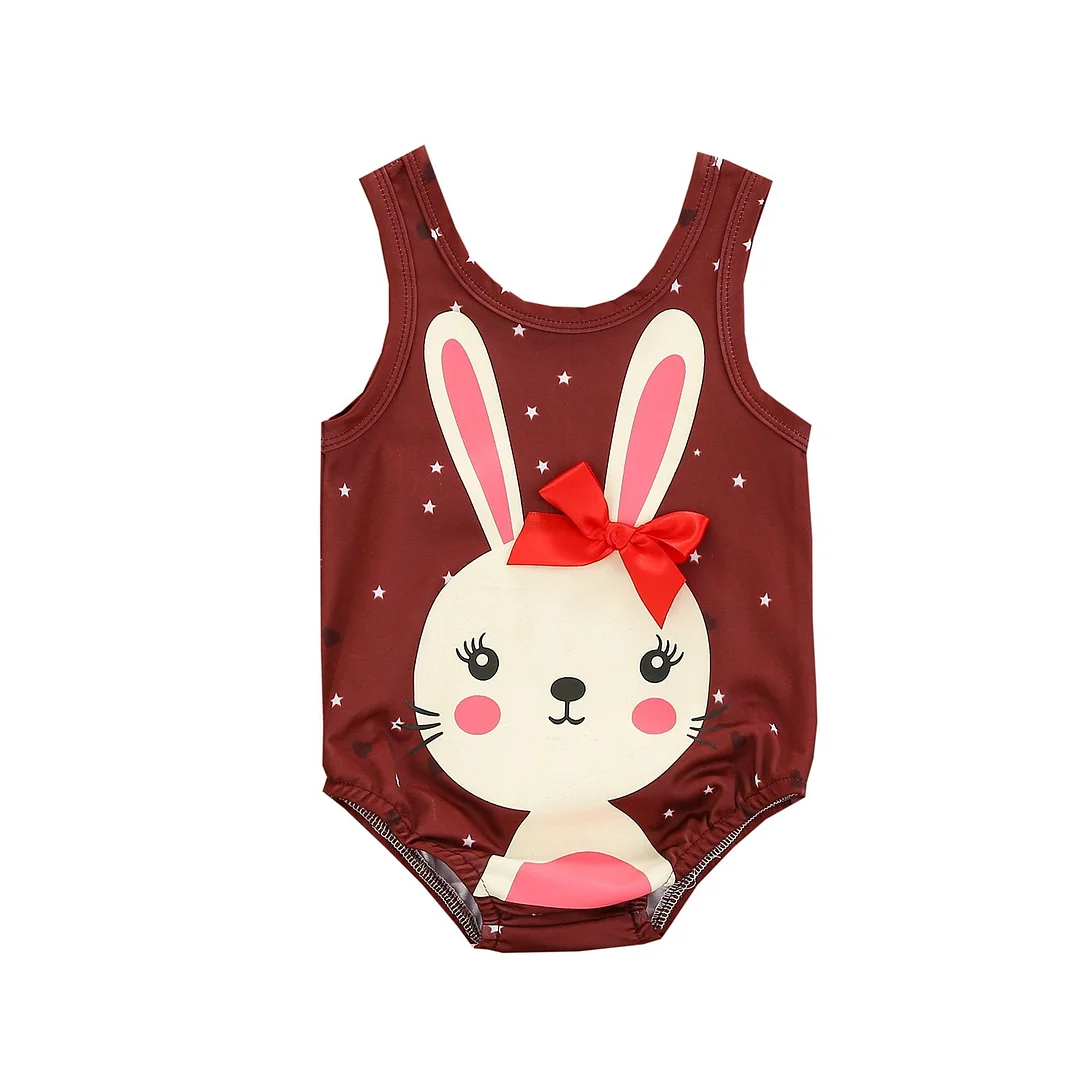 Infant Baby Girl Swimsuit, Cartoon Bunny Print Sleeveless Bodysuit One-piece Suit for Vacation Swimming Beach Bathing Suit