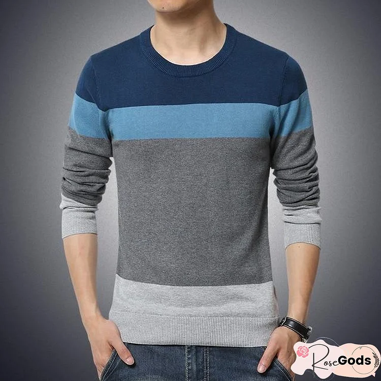 Casual Men's Sweater O-Neck Striped Slim Fit Knitwear