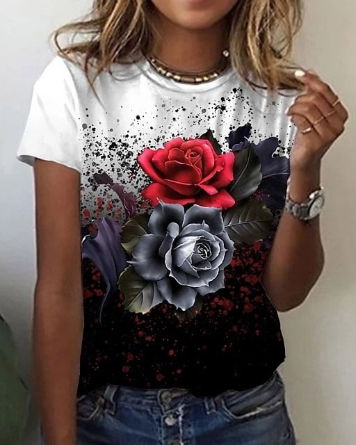 Casual Floral Short Sleeve Round Neck Plus Size Printed Tops T-shirts