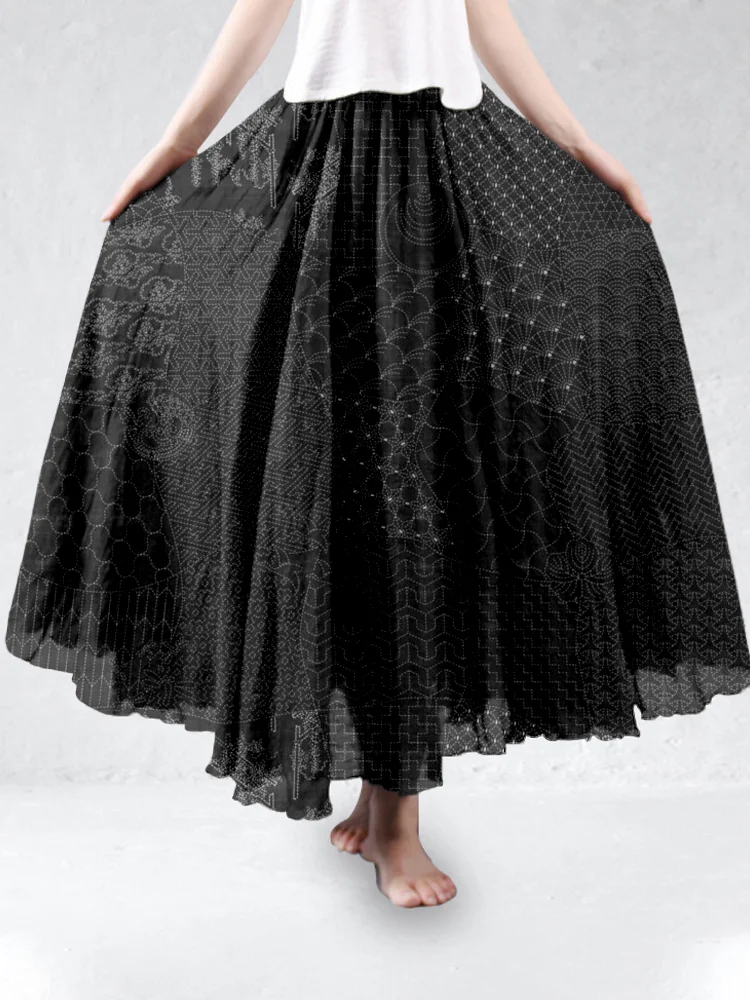 Japanese Traditional Sashiko Art Linen Blend Flowy Wide Skirt