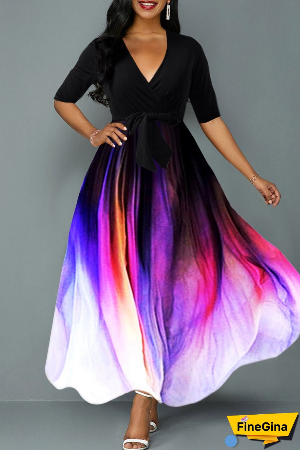 Colour Casual Print Patchwork V Neck Long Dress Dresses